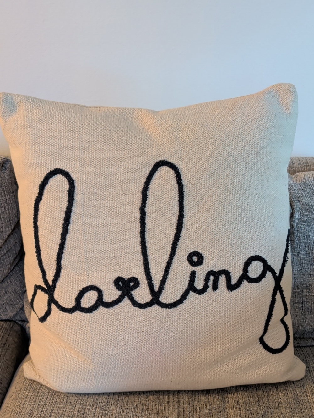 Anthropologie Darling Script Throw Pillow - Cream with Black Embroidery